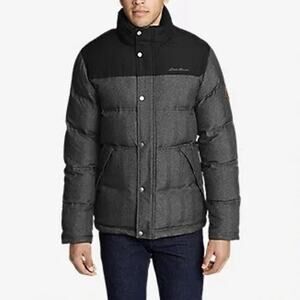 EDDIE BAUER Gray Black Noble Colorblock Full Zip Hooded Down Jacket Mens Size XL